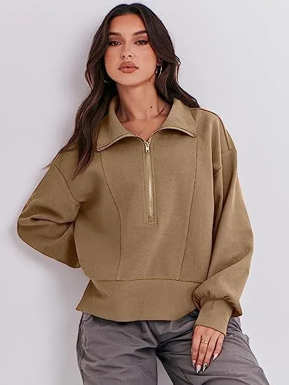 Women's Half Zipper Pullover Long Sleeve Sweater Khaki - Shop at LoveMi