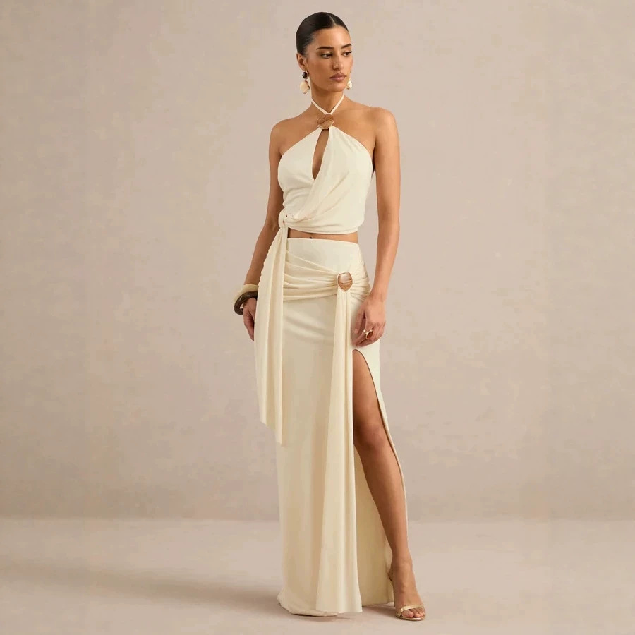 Cream-colored Halter-neck Wooden-button Hollow-out Tie-front Midriff-baring Set