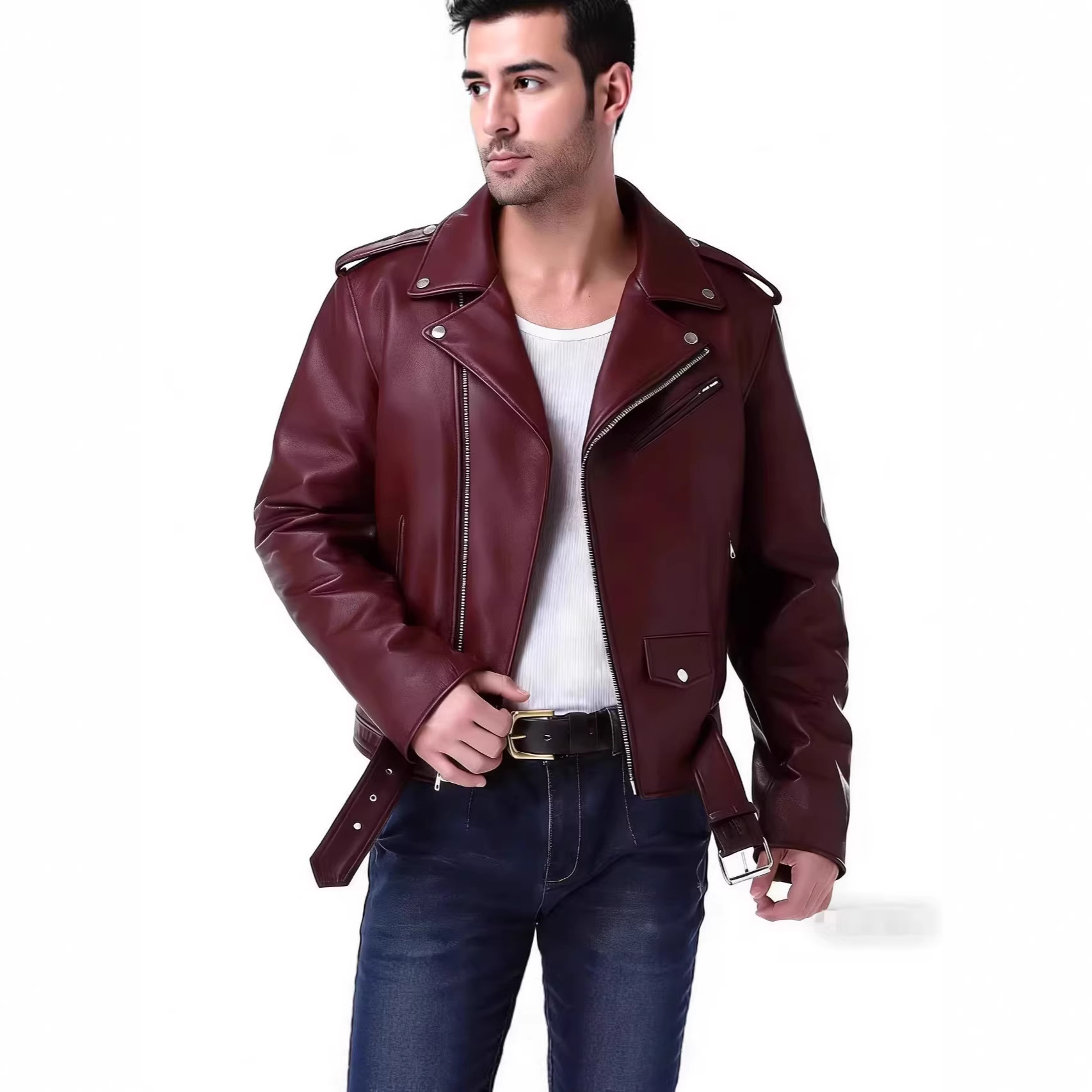 Stylish Slim-fit And Handsome Mens PU Leather Jacket With A Zipper