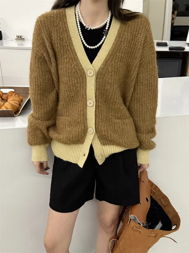 Women's Wool Contrast Color Knitted Sweater Cardigan V neck Coffee Apricot - Shop at LoveMi