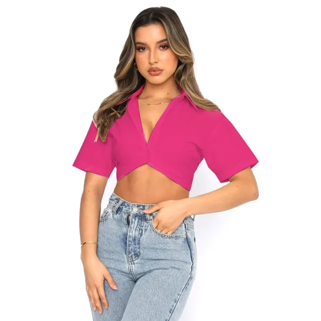 Summer Short sleeved Polyester Cotton Solid Color Cute Single breasted Lapel Shirt For Women Rose Red - Shop at LoveMi