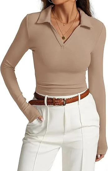 V neck Slim fit Casual Basic Pleated Top Khaki - Shop at LoveMi