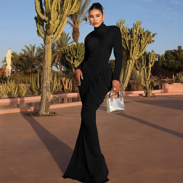 Women's Solid Color High Neck Long Sleeve Ruffle Back Bodycon Dress Black - Shop at LoveMi