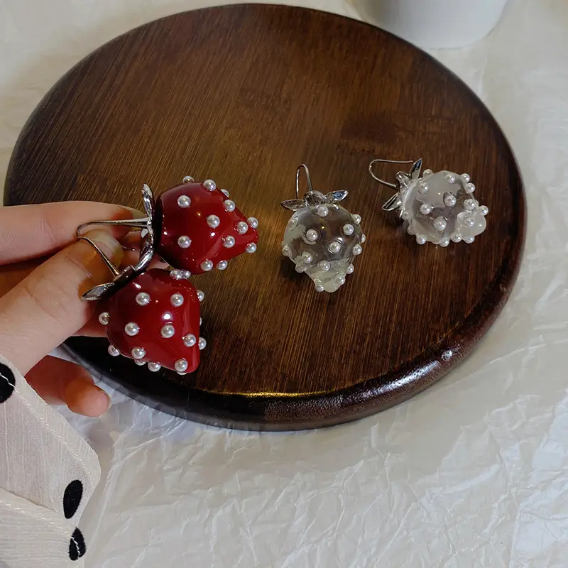 New Exaggerated Face Small Tea Series Red Strawberry Pearl Resin Earrings