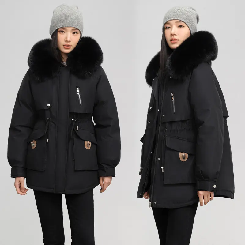 Fleece-lined Thickened Parka Collar Slim Fit Slimming Cotton Coat
