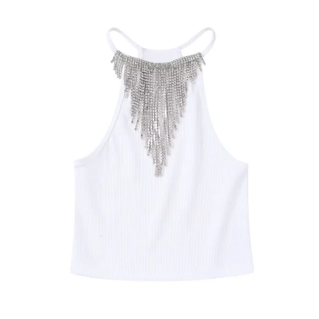 Women's Jewelry Inlaid Seamless Fabric Hanging Collar Top White - Shop at LoveMi