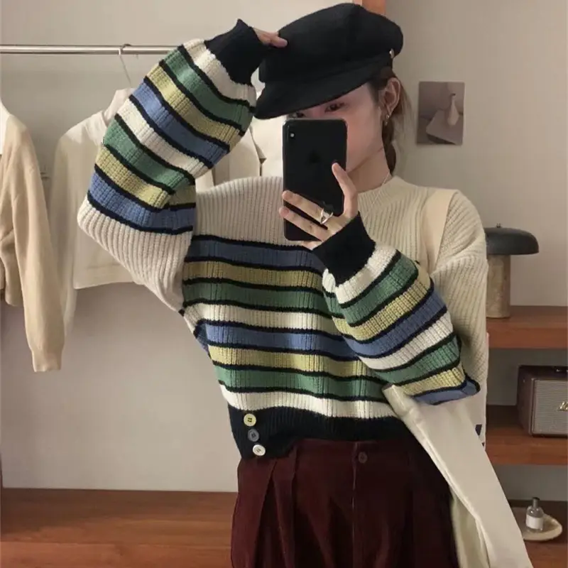 Color Vintage Stripe Crew Neck Pullover Sweater Contrast Color Knitwear