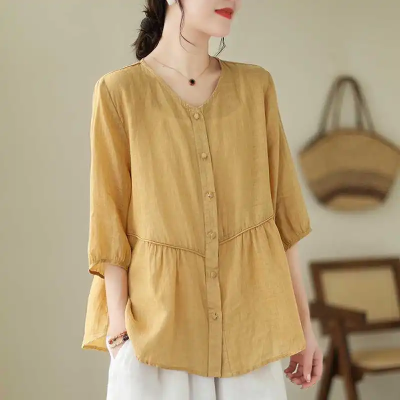 Artistic New Cotton And Linen Retro Crew Neck Top - Yellow