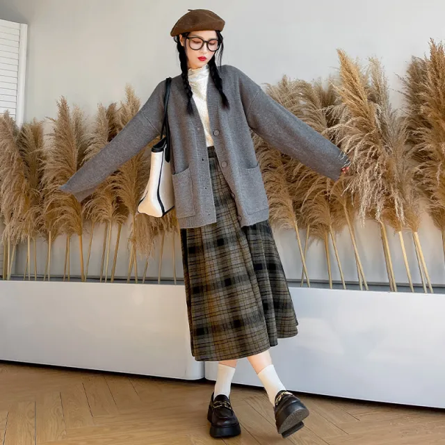Retro Mori Style Woolen Plaid Skirt Autumn And Winter Women Green - Shop at LoveMi