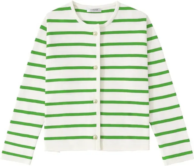 Women's Striped Cardigan Sweater Fashion Long Sleeve Button Light Green - Shop at LoveMi