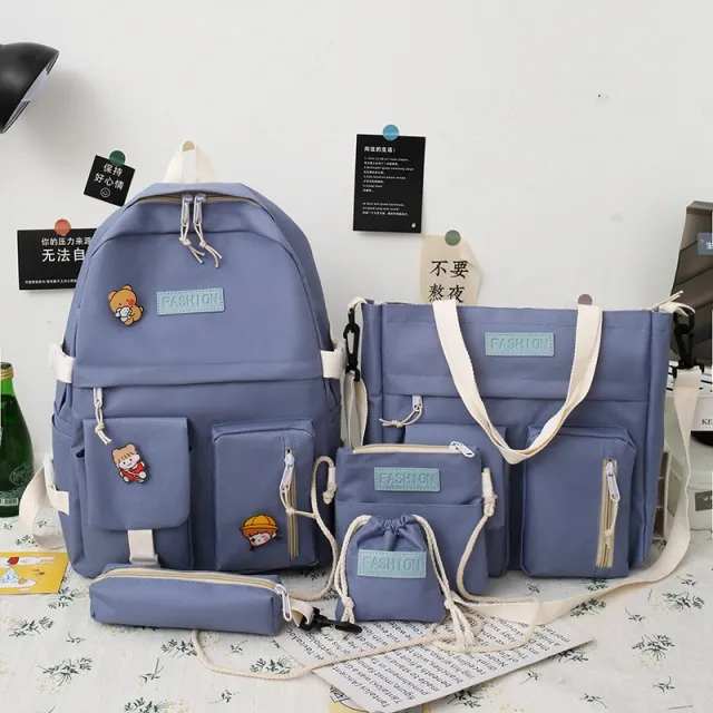 College Students' Backpack Five piece Contrast Color Canvas School Bag Blue - Shop at LoveMi