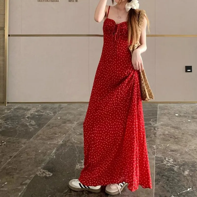 Vacation Style Red Small Floral Sling Dress Women - Red