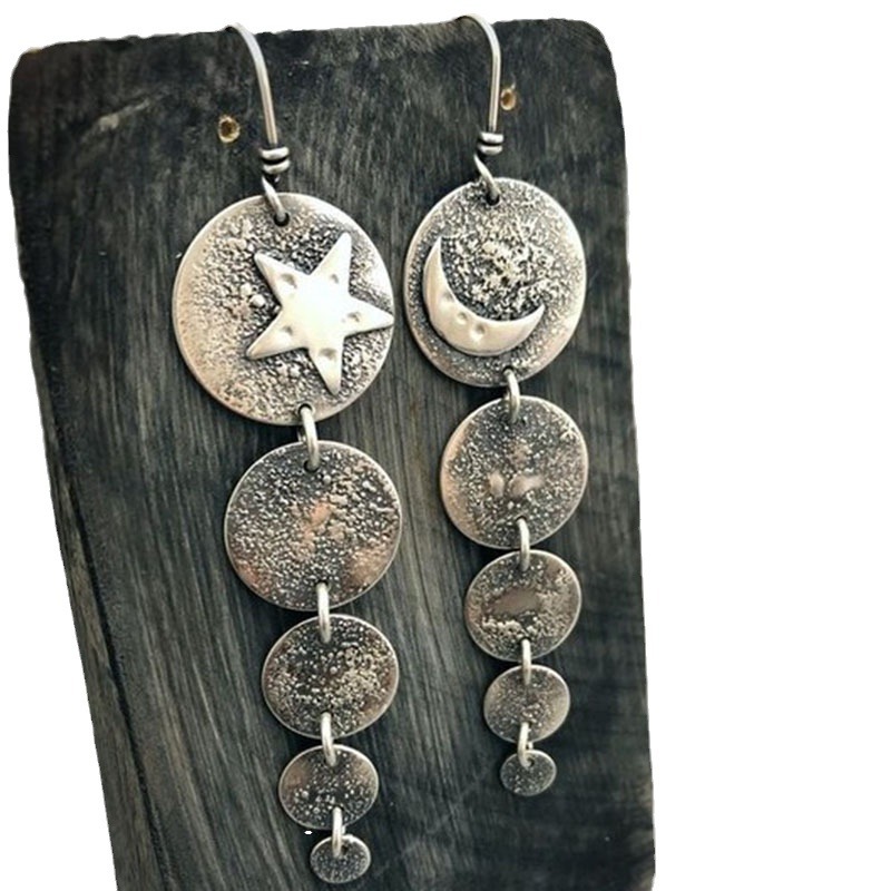 Retro Bohemian Sun Moon Long Earrings Asymmetric
