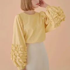 Advanced Sense Sweet Lotus Leaf Puff Sleeve Top - Yellow Stripe - View 1