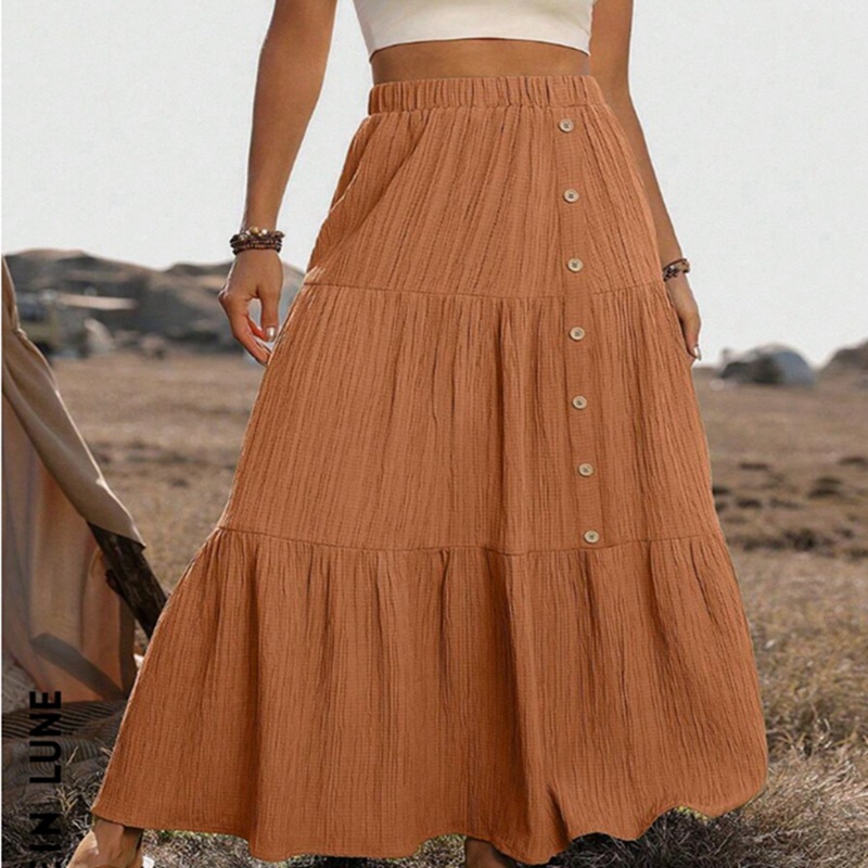 Elastic Waist Comfort Womens Long Tiered Striped Skirt
