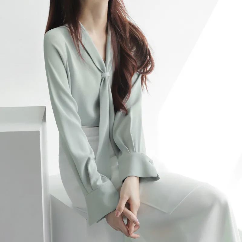 Women's Office Chiffon Commuting Elegant White Shirt - Green