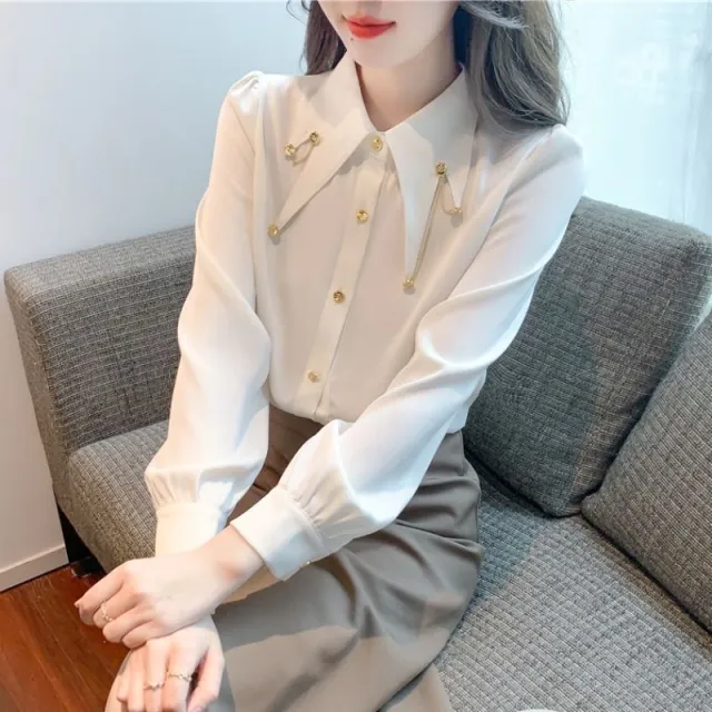 Western Style Chiffon Shirt Fashion Chain Patchwork Top White - Shop at LoveMi