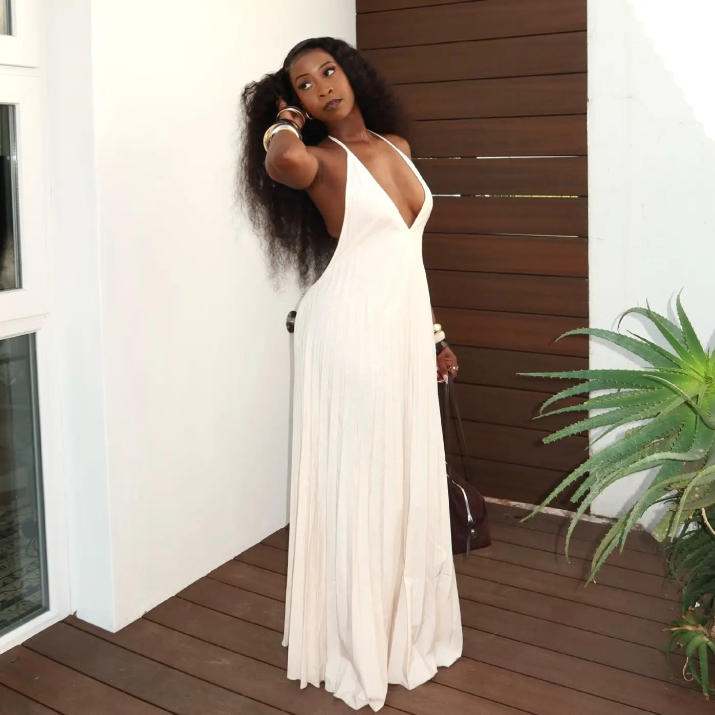 V-neck Solid-color Halter Maxi Pleated Slip Dress