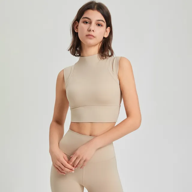 High Elastic Shockproof Running Exercise Underwear Turtleneck Fixed Cup Yoga Clothes Bra Vest Milk Tea Brown - Shop at LoveMi
