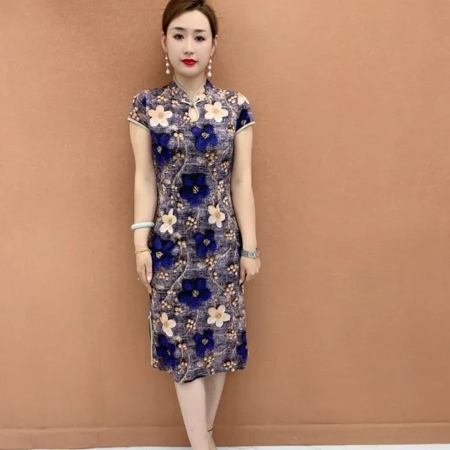 Womens Mid Length Short Sleeve Cheongsam Dress Blue - Shop at LoveMi