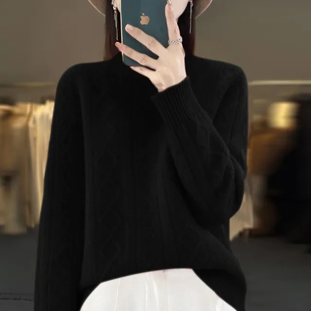 Women's Semi High Neck Versatile Loose Knit Sweater Thickened Base Layer Black - Shop at LoveMi