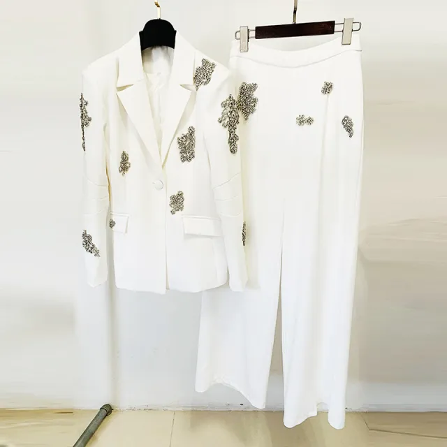 New Diamond embedded One Button Suit Coat Wide leg Pants Suit Two Pieces White - Shop at LoveMi