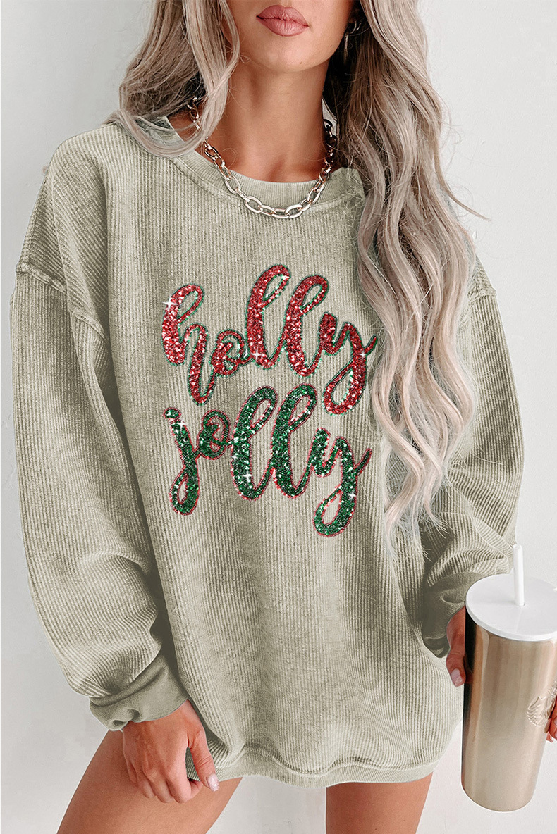 Title 2, Round-neck Pullover Sequined Printed Loose Long...