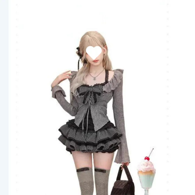 Black Lace Sling Gray Knitted Cardigan Short Skirt Sweet Set Black - Shop at LoveMi