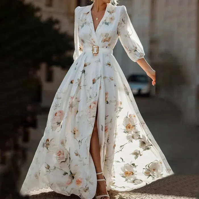 Three-quarter Sleeve V-neck Digital Printing Dress - White