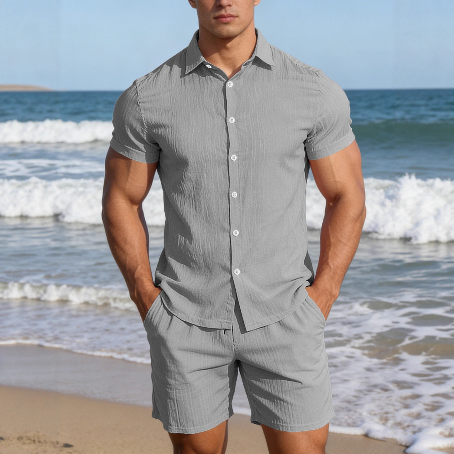 Men's Casual Button-up Short-sleeve Top And Shorts Two-piece Set - Image 3