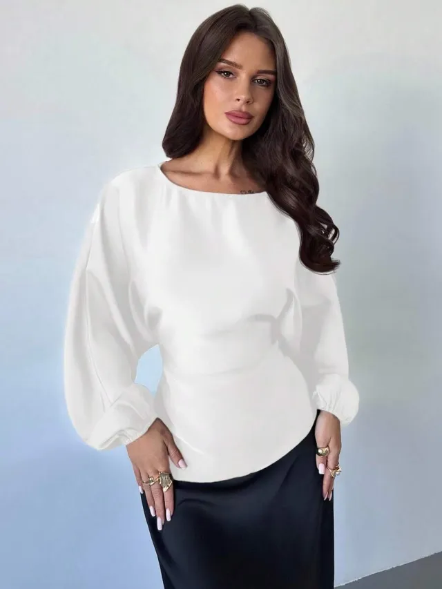 Casual Round Neck Lace up Waist Shirt For Women White - Shop at LoveMi