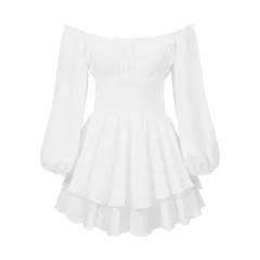 Fashion Solid Color Off-neck Pleated Ruffled Stitching Long Sleeve Casual Jumpsuit - White - View 1