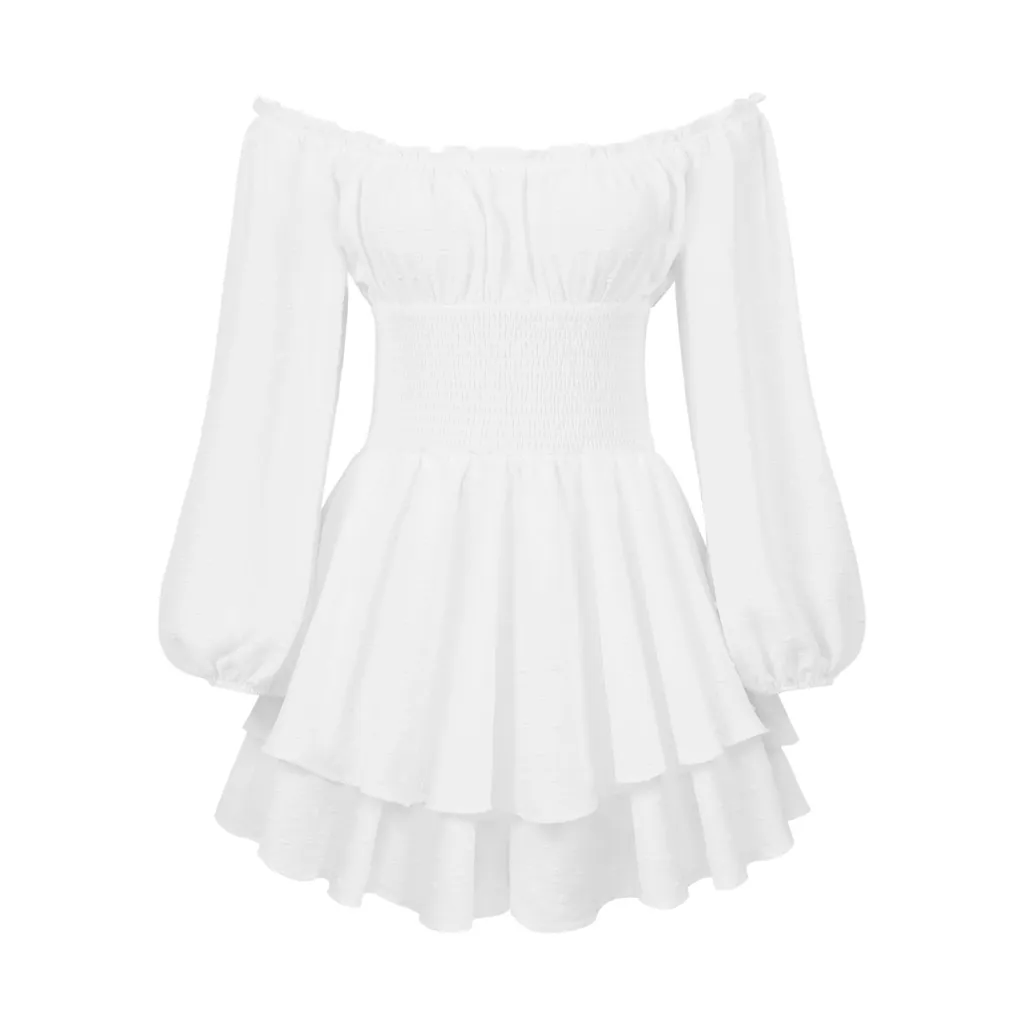 Fashion Solid Color Off-neck Pleated Ruffled Stitching Long Sleeve Casual Jumpsuit - White