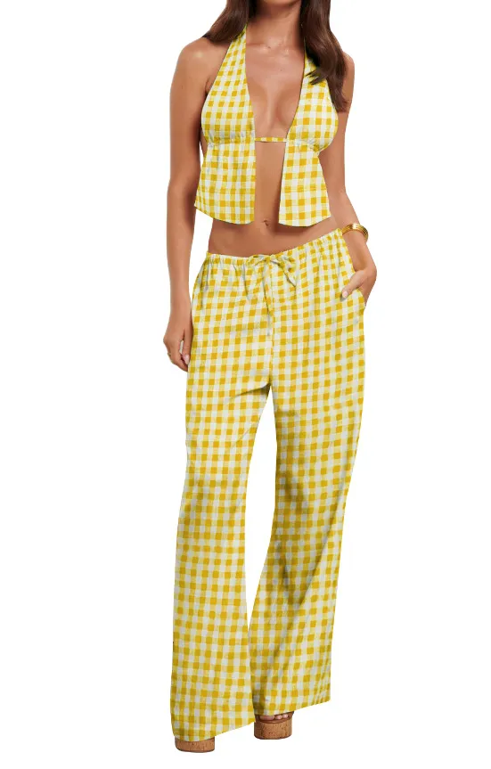 Women's Halter Strap Backless Sleeveless Suit Bright Yellow - Shop at LoveMi