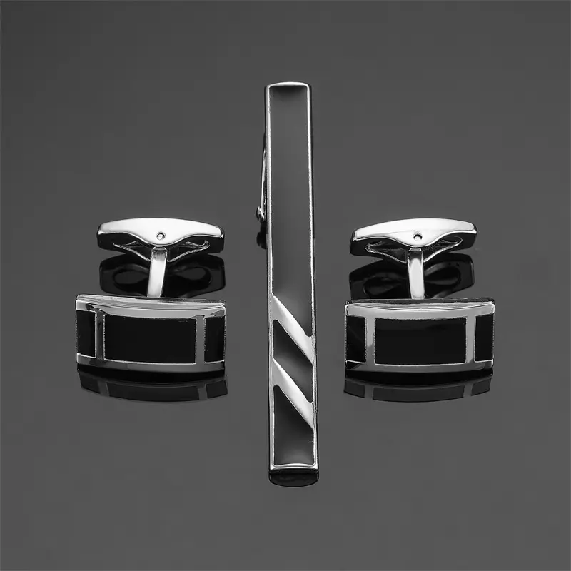 Black Enamel Silver Diagonal Stripes Tie Clip Cuff Buckle