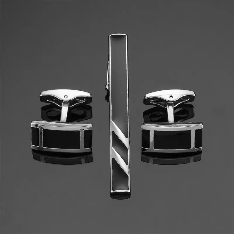 Black Enamel Silver Diagonal Stripes Tie Clip