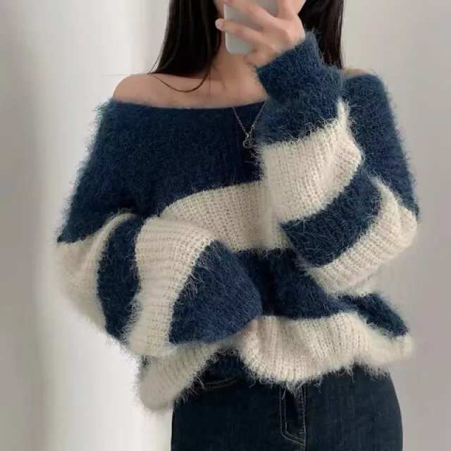 Autumn Winter Retro Lazy And Loose Round Neck Contrast Color Striped Sweater Dark Blue - Shop at LoveMi