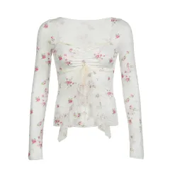 Niche Sexy Low Collar Off-shoulder Long-sleeved Top For Women - White - View 1