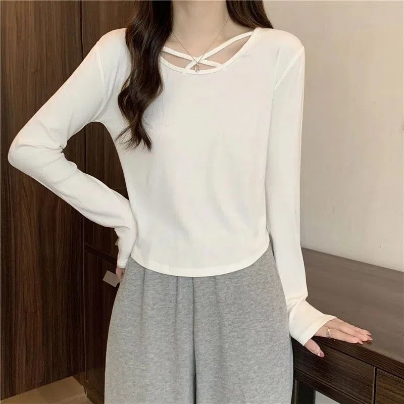Early Autumn Hot Girl Style Crossover Tops Slimming Gray Bottoming Shirt White Advanced Style - Shop at LoveMi