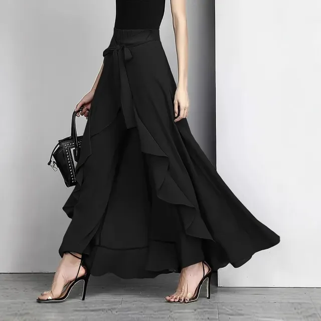 Wear High Waist Wide Leg Pants Wide Hem Ruffled Long Culottes Black - Shop at LoveMi