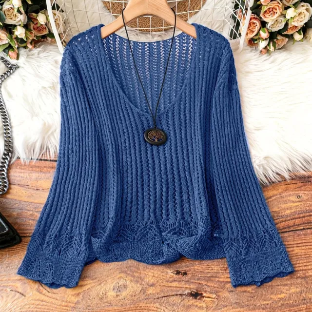 Hollow out Spring And Summer Long Sleeves Knitted V neck Plus Size Women's Long sleeved Sweater Blue - Shop at LoveMi