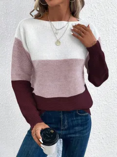 Pullover Knitted Sweater Fashion Round Neck Splicing Knitwear Loose Top Women's Clothing - Lotus Root Color-L - View 1