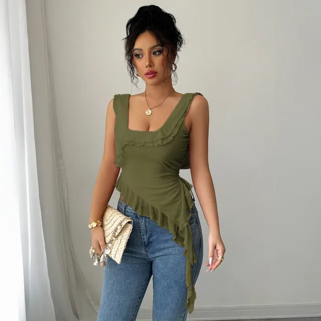 Lotus Leaf Broken Lace T shirt Vest Army Green - Shop at LoveMi
