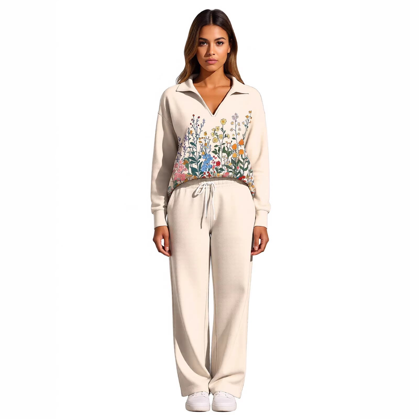 Drawstring Pocket Floral Digital Print Casual Set