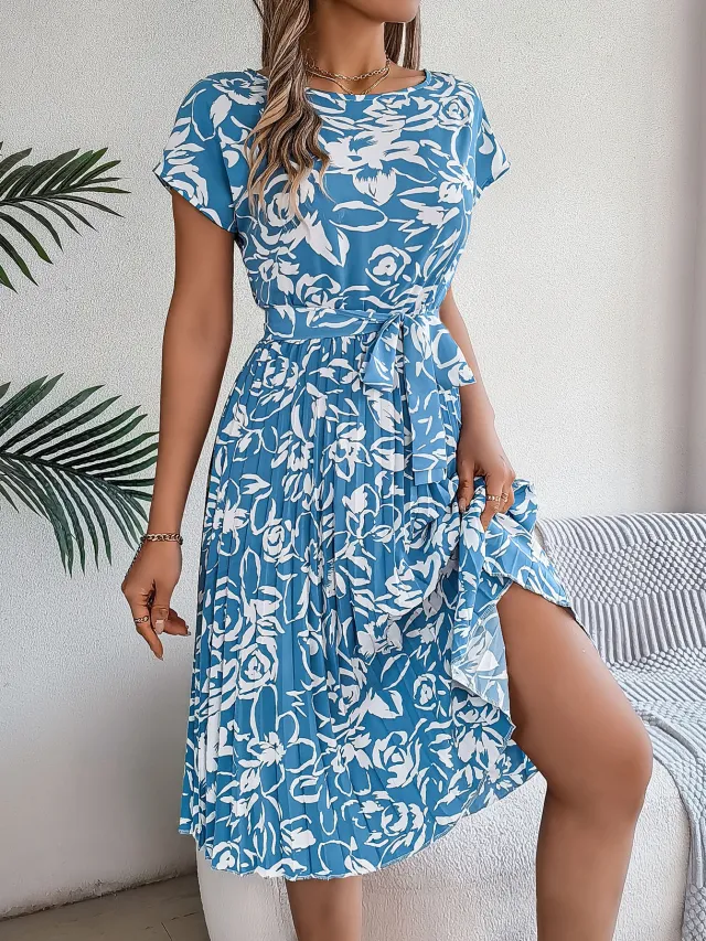 Spring And Summer Casual Short sleeved Floral Tie waist Dress With Pleated Skirt Blue - Shop at LoveMi