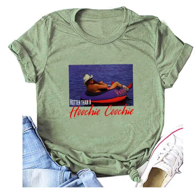 Hotter Than A Hoochie Coochie Crew Neck Casual Loose Printed Short Sleeve T shirt For Women Olive Green Color Picture - Shop at LoveMi