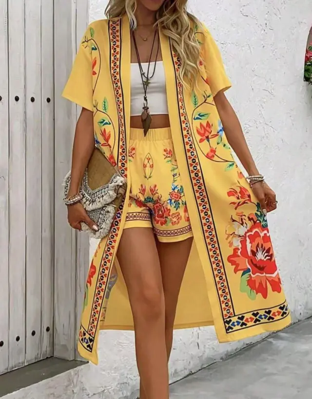 Women's Retro Ethnic Style Elegant Casual Long Cardigan With Print Yellow - Shop at LoveMi