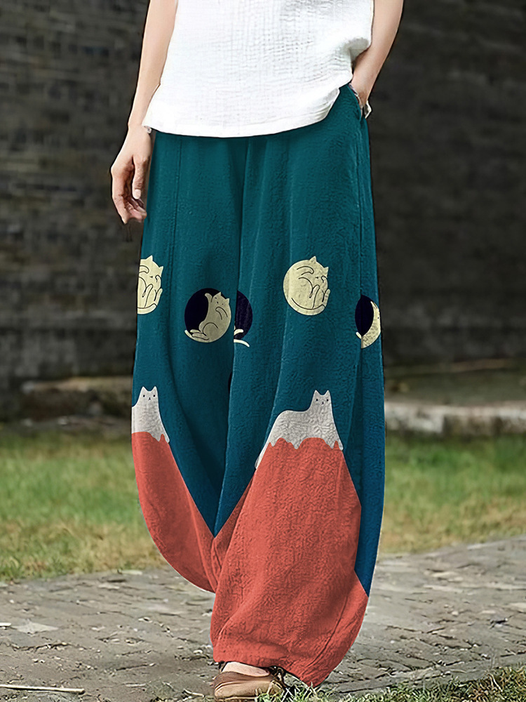 Womens Retro Artistic Floral Print Casual All-Match Pants