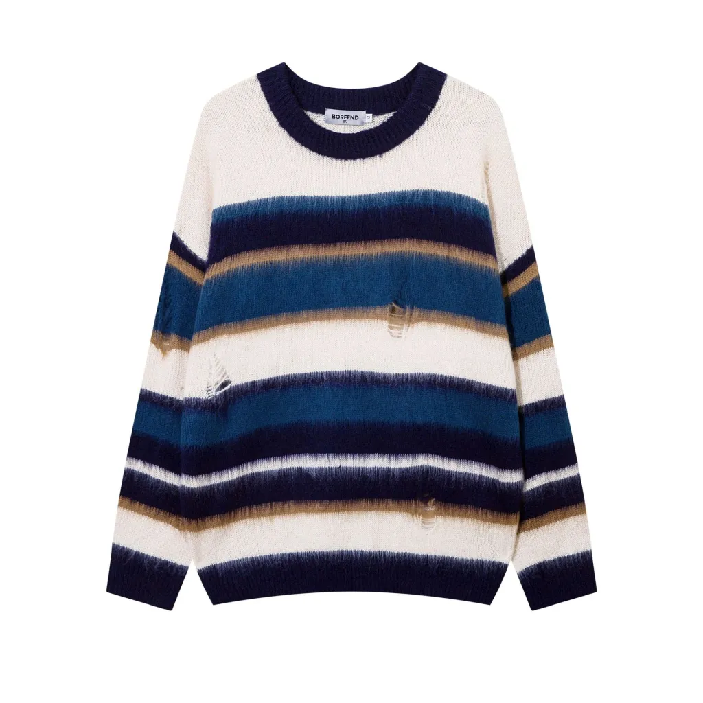 Contrast Color Furry Round Neck Sweater - Blue