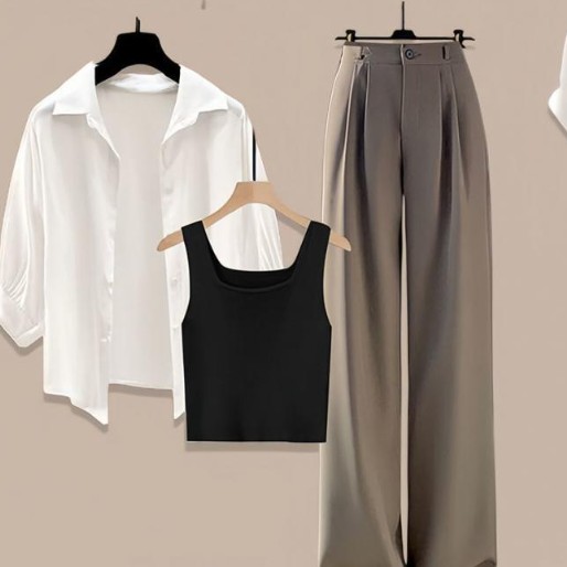Women's Versatile Shirt Vest Slimming Wide Leg Pants Suit